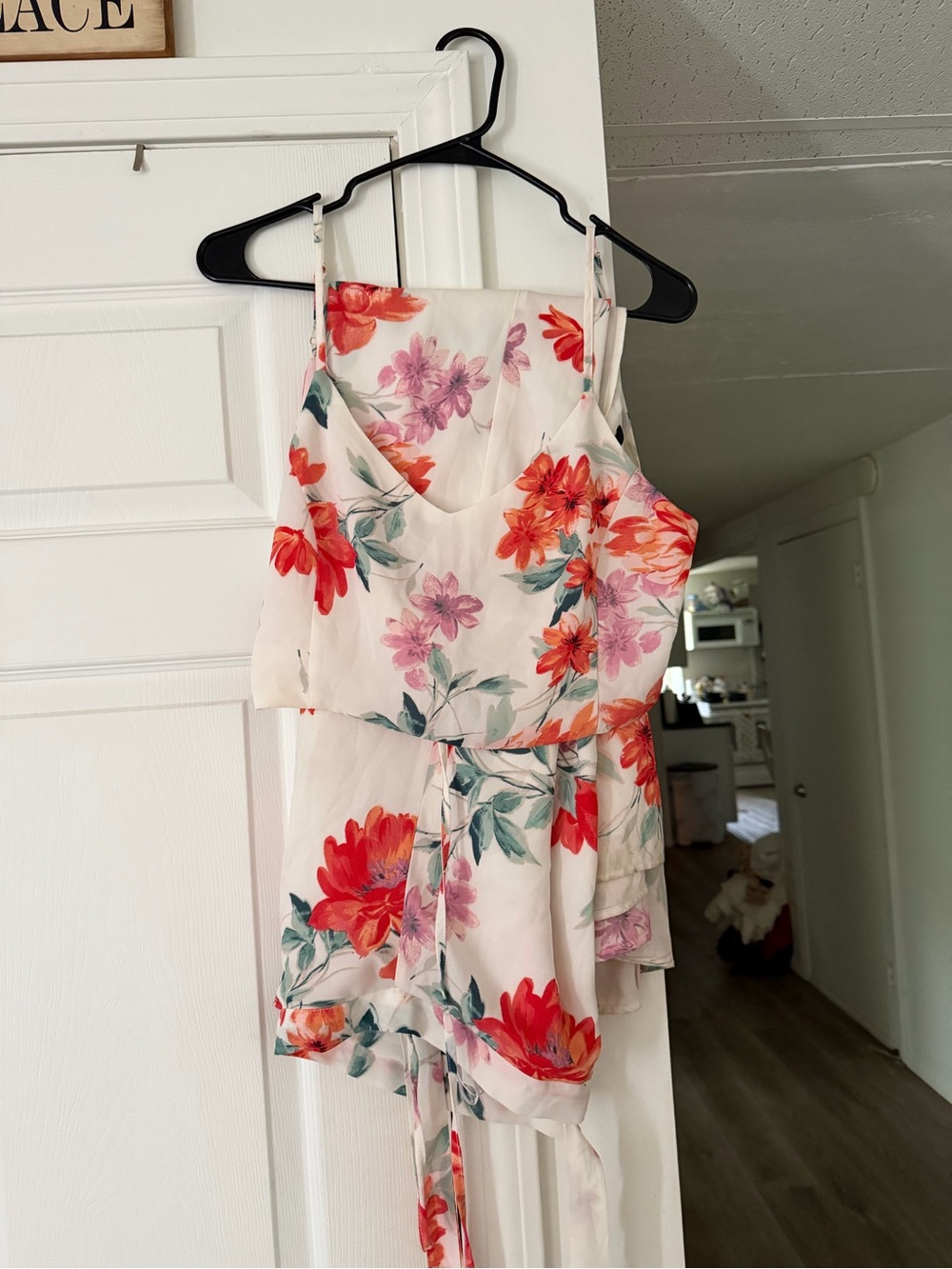 Floral Spaghetti Strap Summer Dress - Cream with Red & Pink Blooms